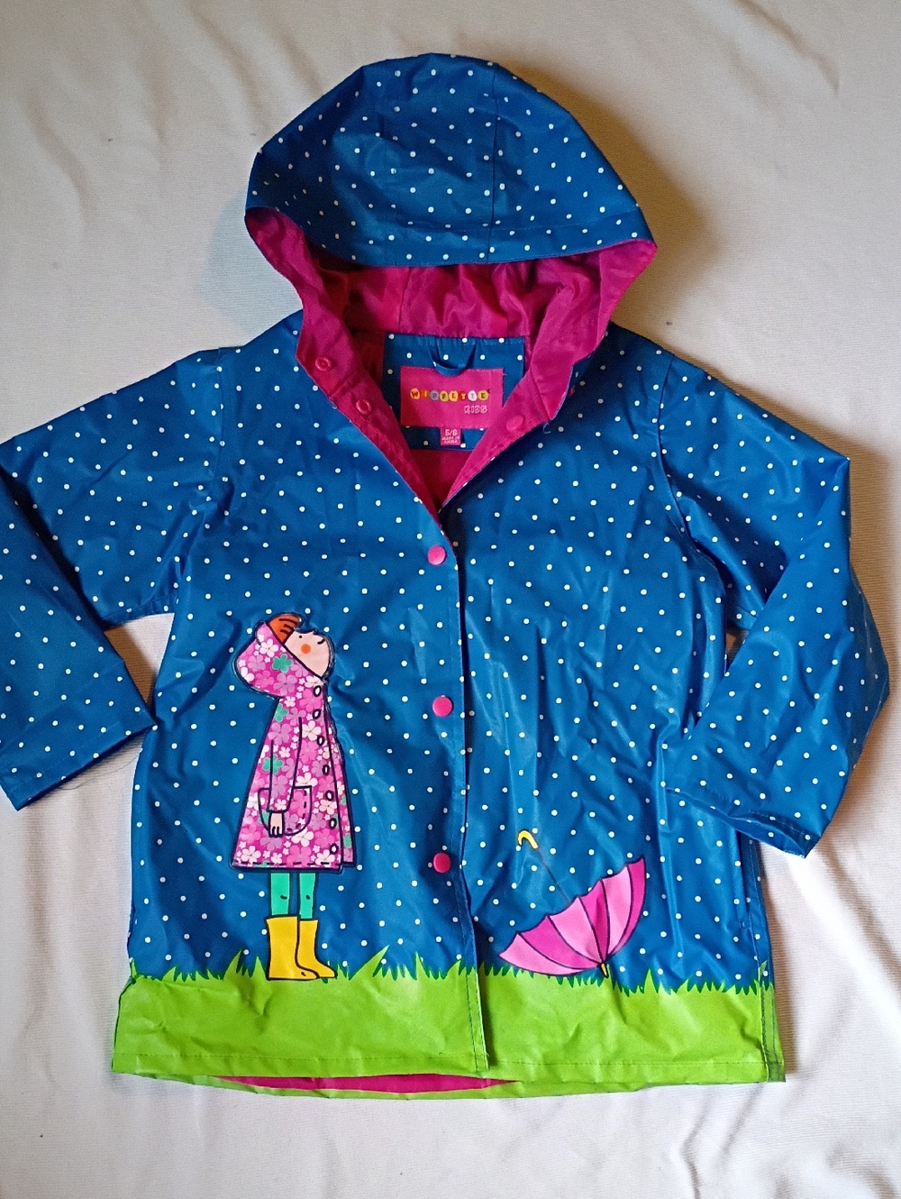 Wippette Kids Blue Polka Dot Raincoat With Pink Lining